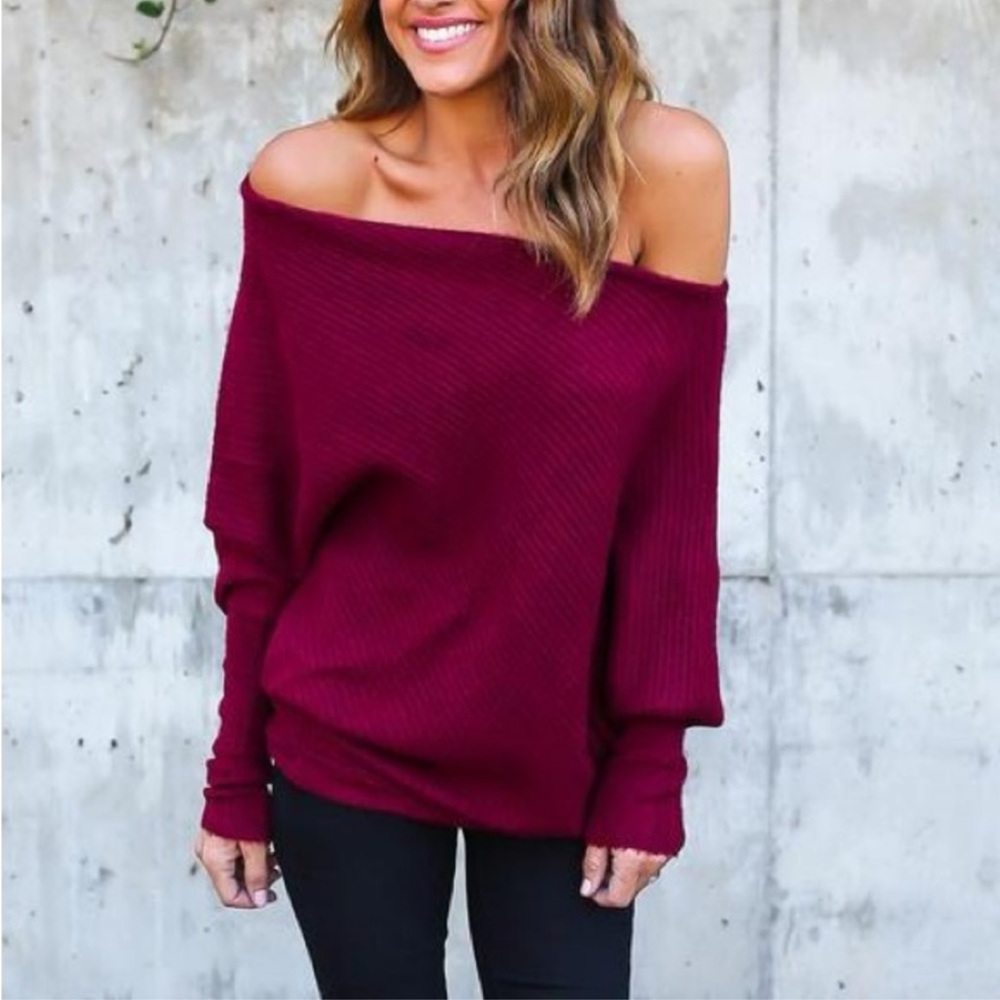 Women's Off-Shoulder Sweater knit loose tops Burgundy